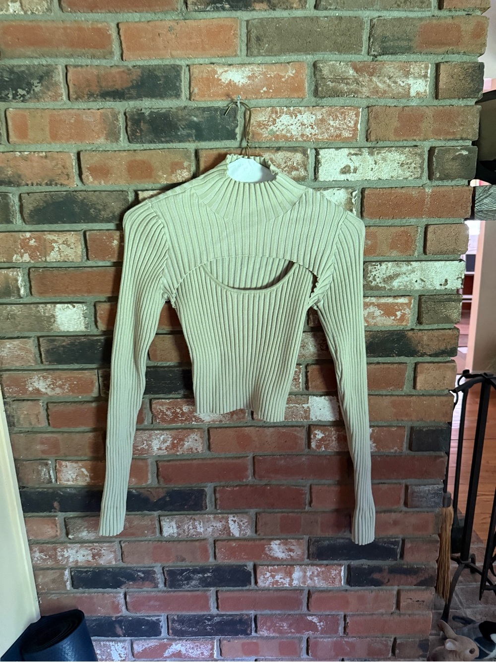 Ribbed Cutout Long-Sleeve Sweater Top in Cream